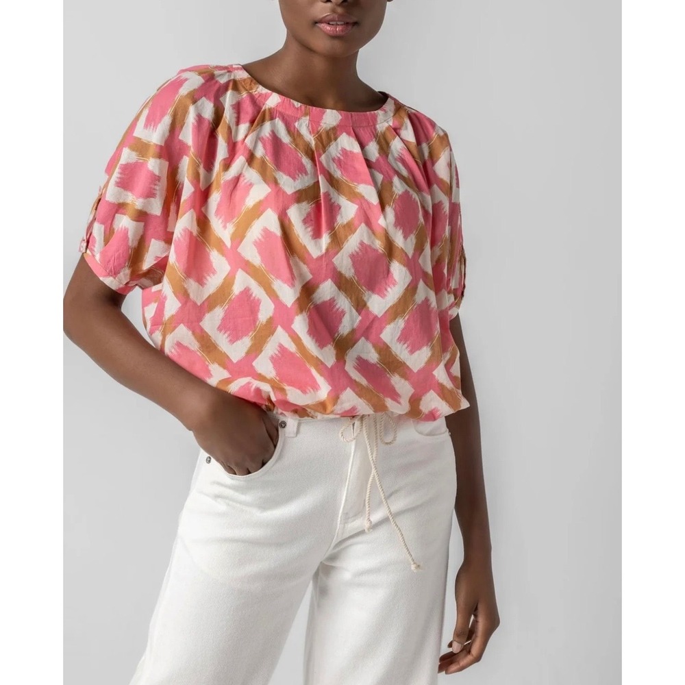 Lilla P Pink Tan Geometric Print Cotton Drawstring Hem Top XS Short Sleeve